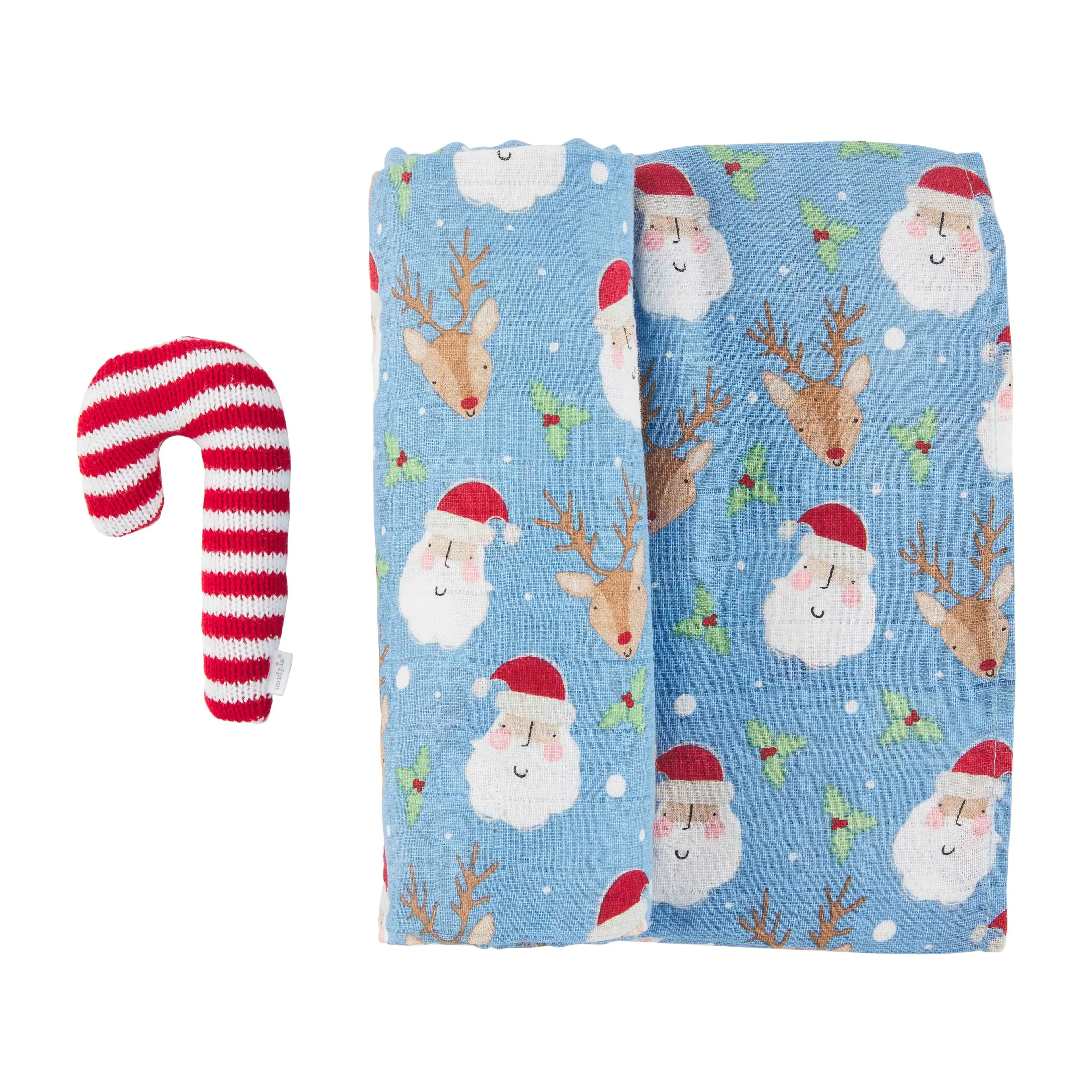 Blue Christmas Candy Cane Swaddle Blanket & Rattle Set