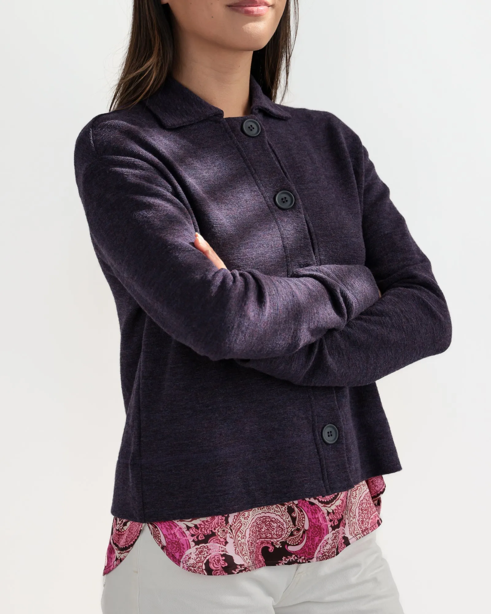 Light Weight Merino Rib Cardigan, Plum Melange