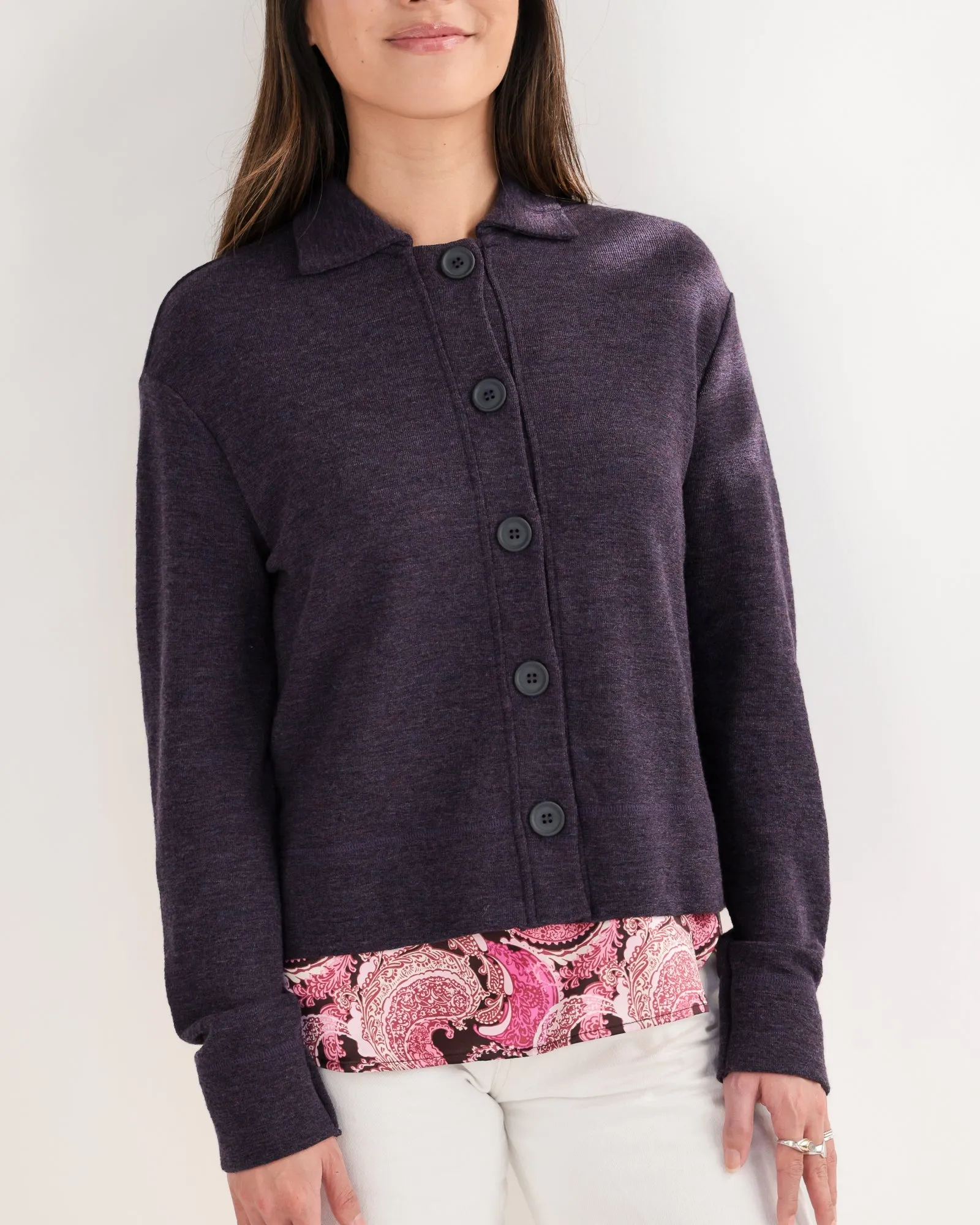 Light Weight Merino Rib Cardigan, Plum Melange