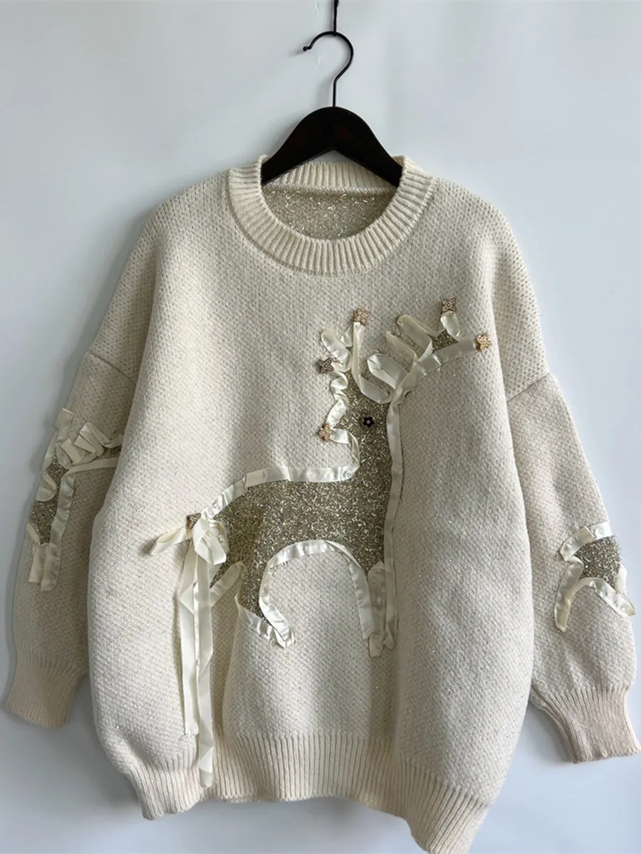 Reindeer Round Neck Long Sleeve Sweater