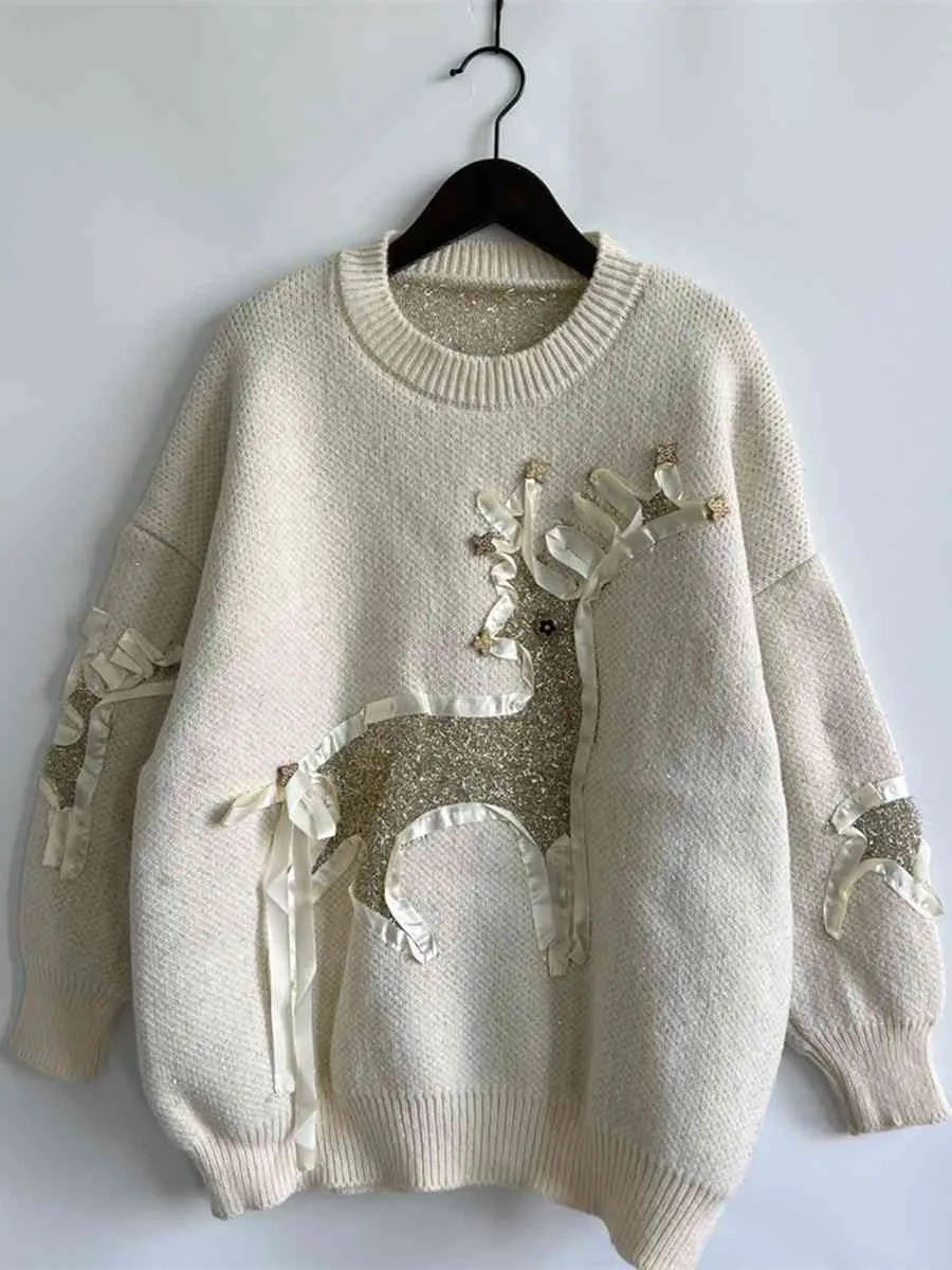 TEEK - Reindeer Textured Long Sleeve Sweater