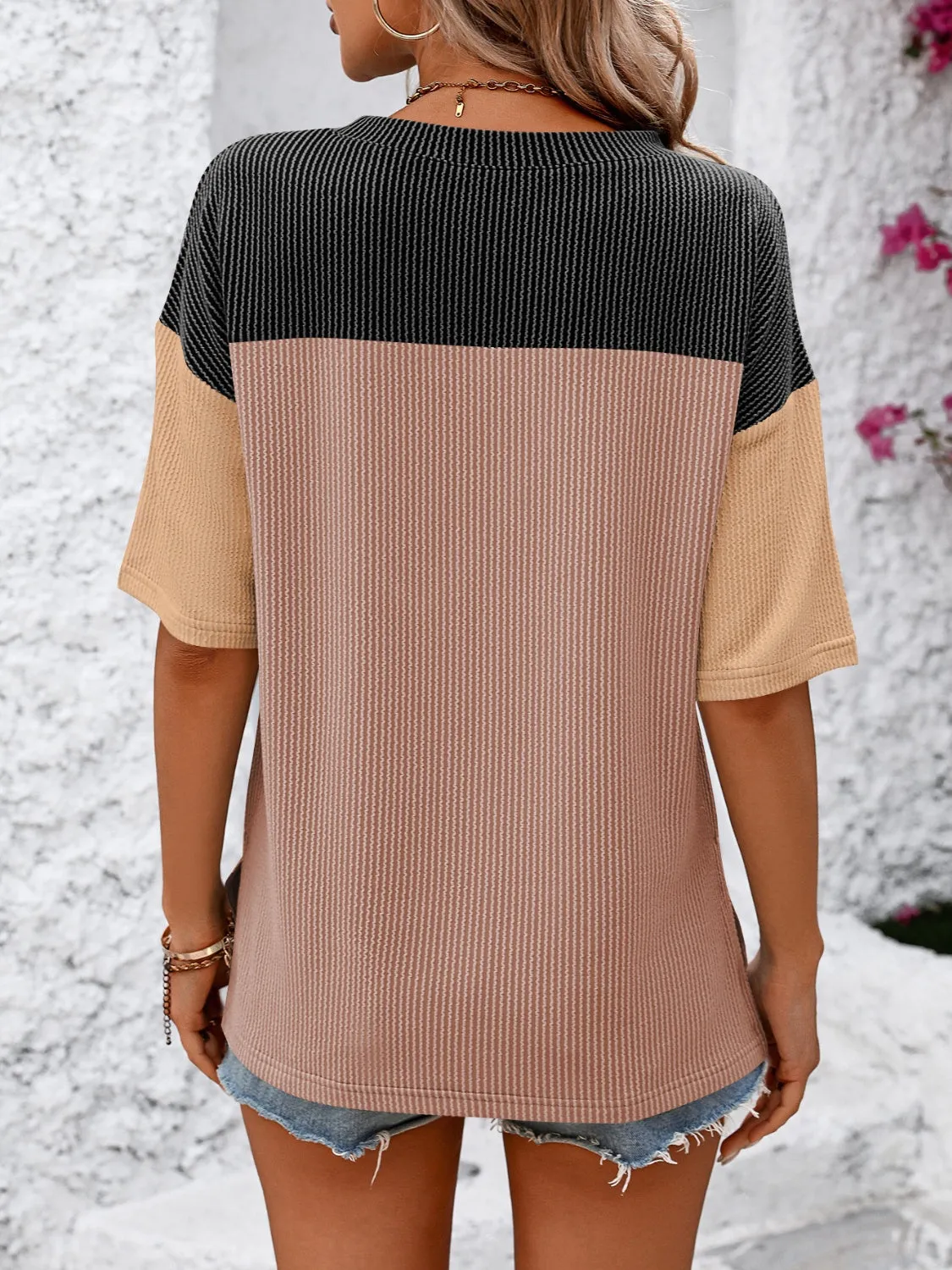 TEEK - Tri-Color Block Round Neck Half Sleeve T-Shirt
