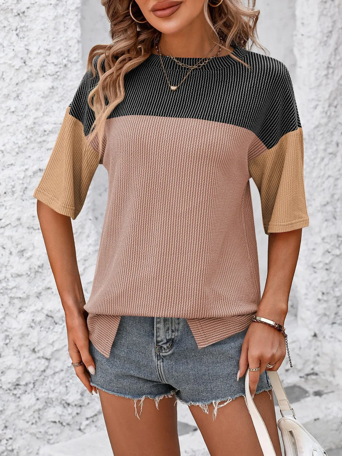 TEEK - Tri-Color Block Round Neck Half Sleeve T-Shirt