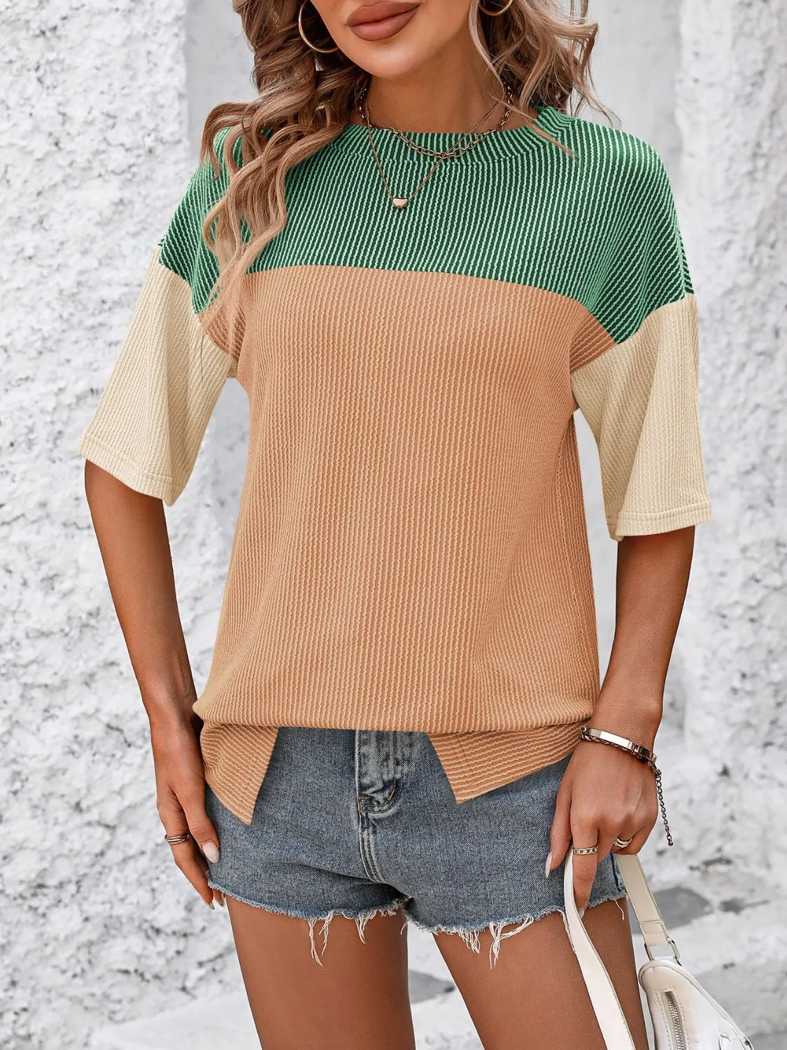 TEEK - Tri-Color Block Round Neck Half Sleeve T-Shirt